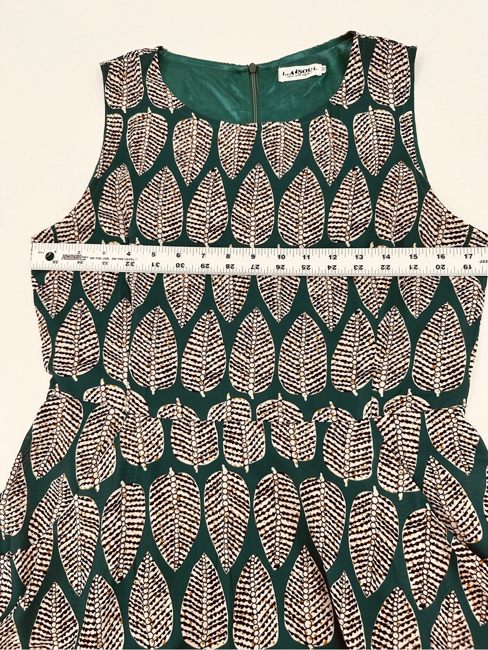 Forest Green Graphic Leaf Print Fit & Flare Dress Retro Mod Botanical M - Picture 9 of 12
